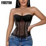 girl wearing Fareyan Blace Strapless Lace corset Mesh bodysuit