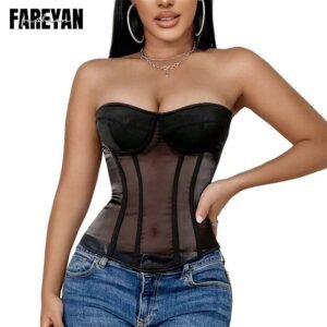 Fareyan Women Tummy Control Strapless Corset Mesh Bodysuit