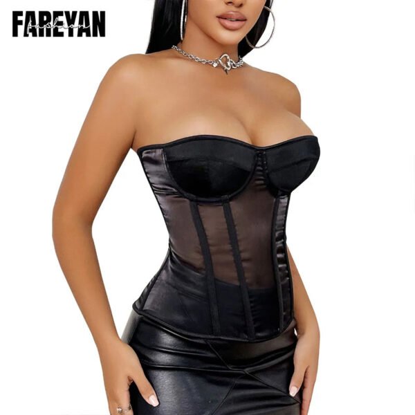 girl wearing Fareyan Blace Strapless Lace corset Mesh bodysuit