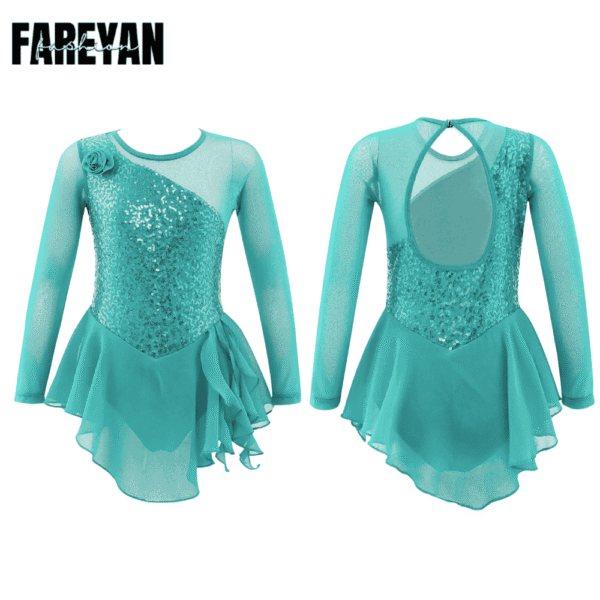 Toddlers Mesh Skirted Dance Gymnastics Leotards with Long Sleeve