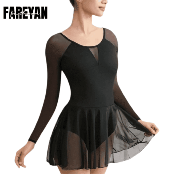 Women Skirted Long Sleeve V-shape Mesh Leotard - Image 2