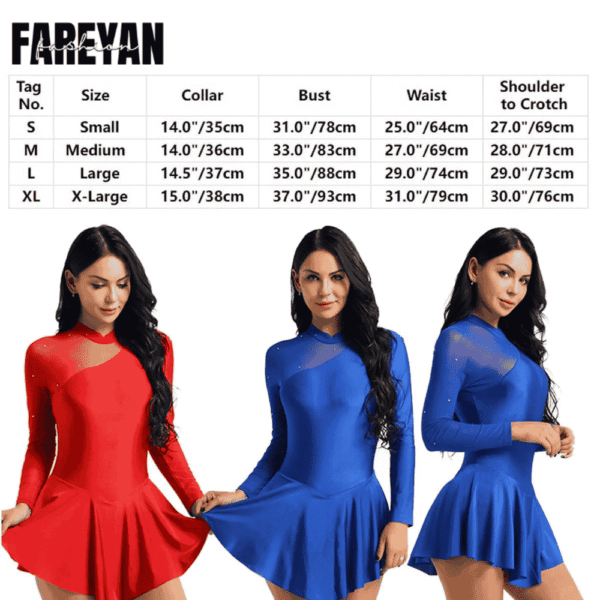 Women Long Sleeve Shiny Rhinestone Mesh Gymnastics Leotard - Image 7