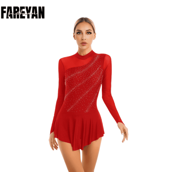 Women Skirted Sparkly Rhinestone Gymnastics Leotard - Image 6
