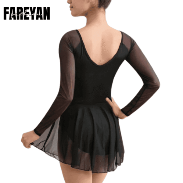 Women Skirted Long Sleeve V-shape Mesh Leotard - Image 3