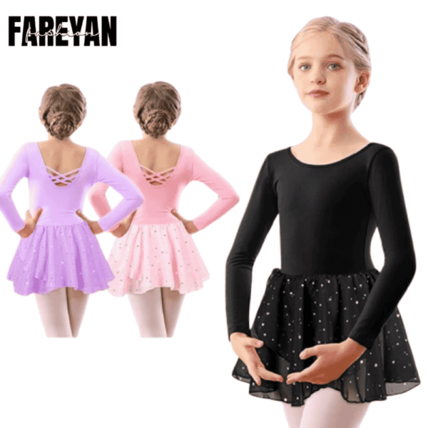Girls Skirted Ballet Leotards Crisscross Back with Long Sleeves