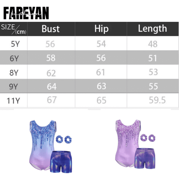 Kids Sparkly Gymnastics Leotards with Shorts & Hairband - Image 7