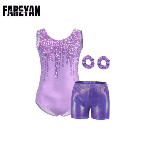 Kids Sparkly Gymnastics Leotards with Shorts & Hairband - Image 2