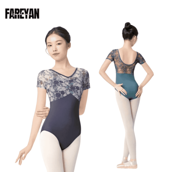 Women Ballet V Neck Mesh Splice Short Sleeves Leotard