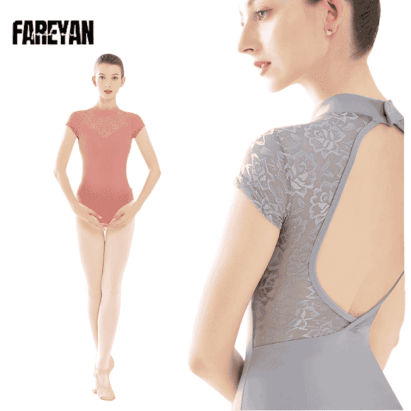Women Ballet Lace Splice High Neck Leotard - Image 2