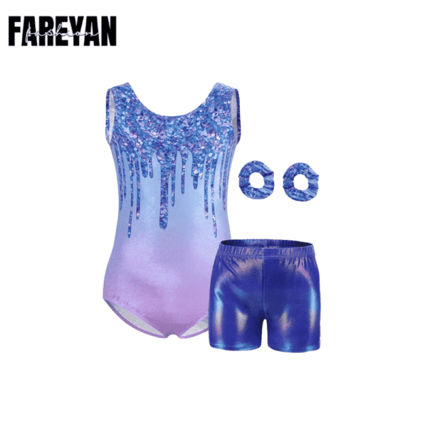 Kids Sparkly Gymnastics Leotards with Shorts & Hairband