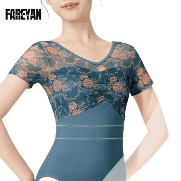 Women Ballet V Neck Mesh Splice Short Sleeves Leotard - Image 3