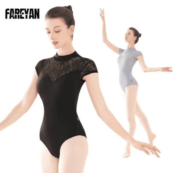 Women Ballet Lace Splice High Neck Leotard