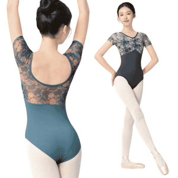 Women Ballet V Neck Mesh Splice Short Sleeves Leotard - Image 2